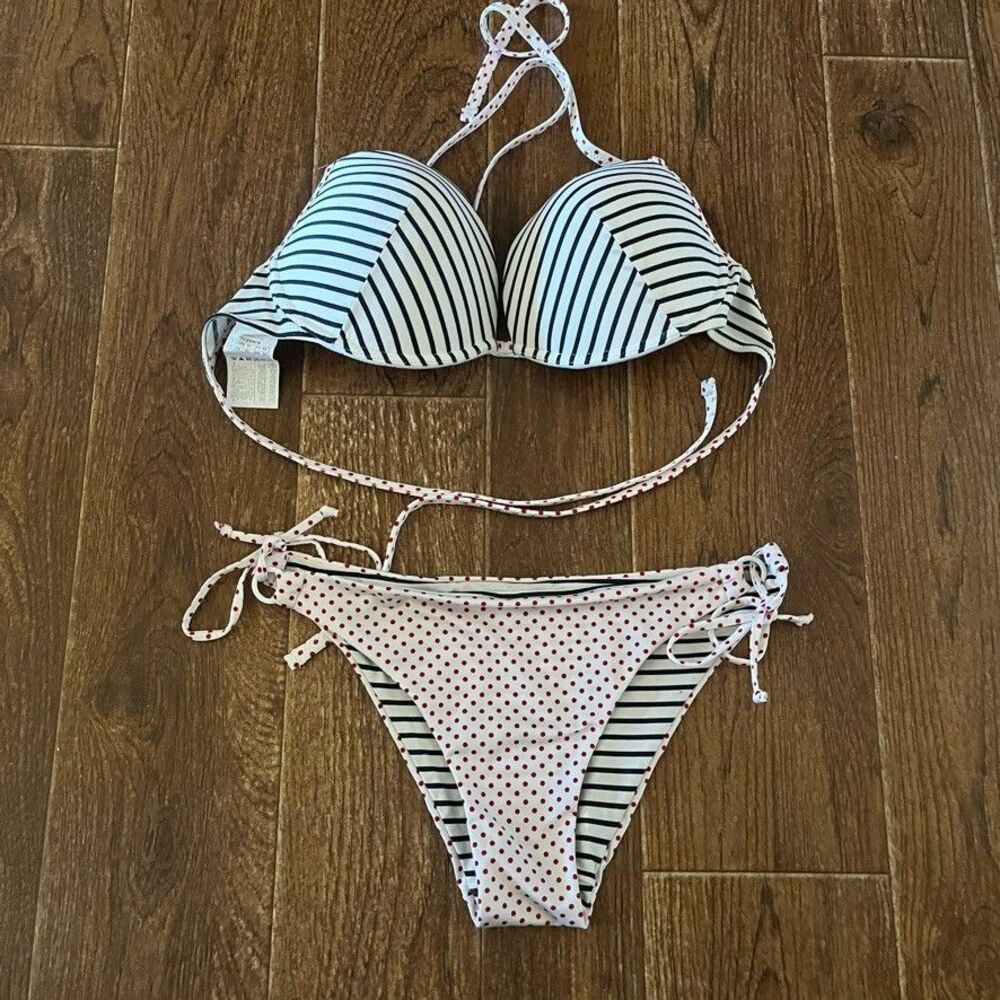 Reversible Push Up Bikini Set Nautical Navy Stripe Red Polka Dot Size 36